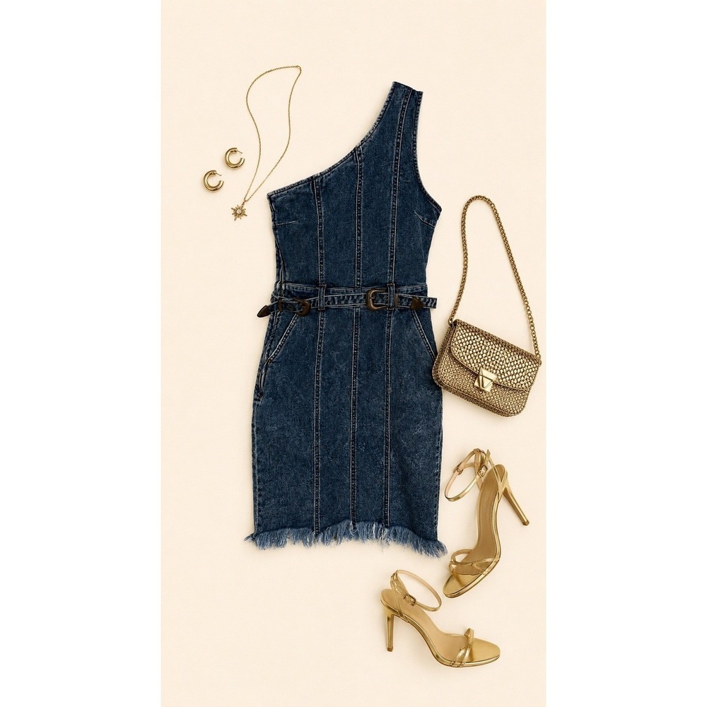 Retrofete One Shoulder Belted Denim Mini Dress Raw Hem Size Small